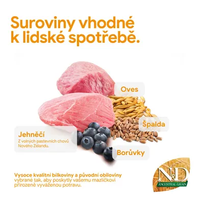 Prísady: jahňacie mäso z pastvy, ovos, špalda, čučoriedky. Kvalitné bielkoviny a pôvodné obilniny pre vyváženú výživu zvierat. N&D Ancestral Grain. Prísady: jahňacie mäso z pastvy, ovos, špalda, čučoriedky. Kvalitné bielkoviny a pôvodné obilniny pre vyváženú výživu zvierat. N&D Ancestral Grain.