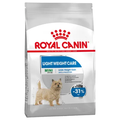 Royal Canin Light Weight Care Mini, pentru câini până la 10 kg. Text vizibil: Limits Weight Gain, -31% fat, imagine cu un câine mic pe ambalaj.