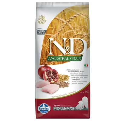 Farmina N&D Ancestral Grain Puppy Medium & Maxi, Rezept mit Hähnchenfleisch, Dinkel, Hafer und Granatapfel. Gewicht: 12kg. Italienische Formel.