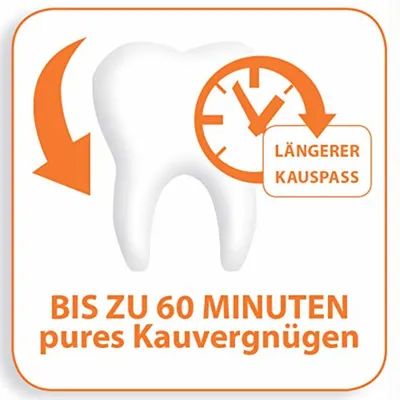 Tekst in het Duits: 'LÄNGERER KAUSPASS. BIS ZU 60 MINUTEN pures Kauvergnügen' met afbeelding van een tand en klok.