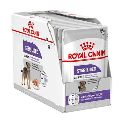 Boîte de sachets Royal Canin Sterilised All Sizes 85 g, texte visible : Maintains ideal weight, pour chiens adultes stérilisés, échelle de poids min–max en kg.