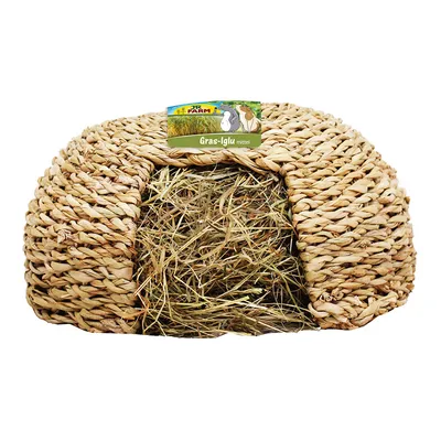 JR Farm Gras-Iglu średni, wykonany z plecionego naturalnego materiału, wypełniony sianem.