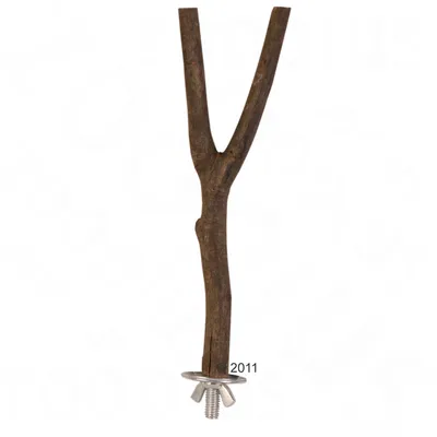 Percha en forma de Y hecha de madera natural con tornillo y tuerca metálicos visibles para fijación, sin marca visible.