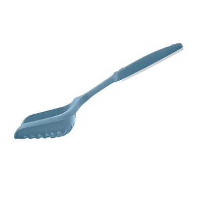 Blue plastic litter scoop with ergonomic handle and serrated front edge, suitable for cleaning cat litter trays.