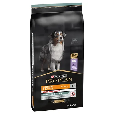 Purina Pro Plan Medium & Large Adult 1+, Grain Free Recipe, pentru digestie sensibilă, bogat în proteine, cu curcan, 12 kg. Fără coloranți adăugați.