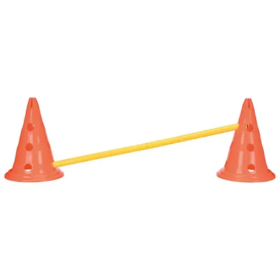 Trainingsset mit zwei orangefarbenen Kegeln und einer gelben Stange, ideal für Agility-Übungen.