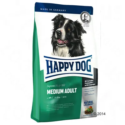 Happy Dog Supreme Fit & Well Medium Adult, 11–25 kg. Vyrobené v Nemecku. Natural Life Concept. Pre stredne veľké dospelé psy. Viditeľný obrázok psa na obale.