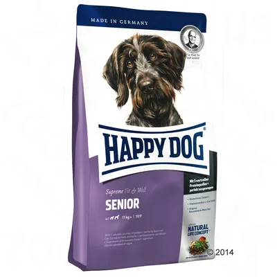 Saco de pienso para perros Happy Dog Supreme Fit & Well Senior, 11 kg. Texto visible: Made in Germany, Mit 5 wertvollen Proteinquellen, Natural Life Concept.