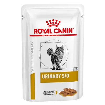 ROYAL CANIN URINARY S/O VETERINARY, Morsels in Gravy, Abbildung einer Katze und Futterstückchen auf der Verpackung.
