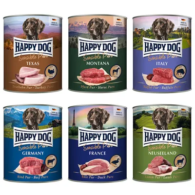 Happy Dog Sensible Pure mokré krmivo, druhy: moriak, kôň, byvol, hovädzie, kačka, jahňa. Krajiny pôvodu: Texas, Montana, Taliansko, Nemecko, Francúzsko, Nový Zéland. Vyrobené v Nemecku.