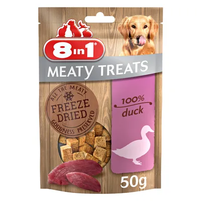 8in1 Meaty Treats, gevriesdroogd, 100% eend, 50g. Verpakking met afbeelding van stukjes vlees en hond.