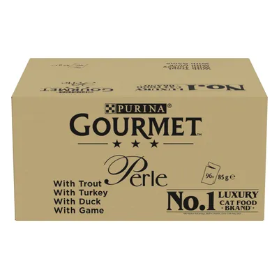 Box showing Purina Gourmet Perle with trout, turkey, duck and game. Contains 96 x 85g portions. Labelled as No.1 luxury cat food brand.