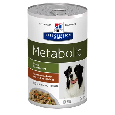 Konzerva Hill's Prescription Diet Metabolic, Weight Management, Stew flavoured with Chicken & Vegetables, Clinical Nutrition, DOG FOOD, 354 g. Obrázek psa a krmiva na etiketě.