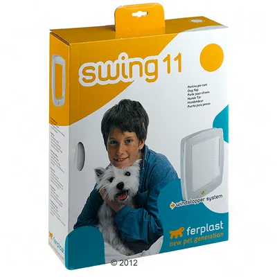 Ambalajul ușii pentru câini Swing 11 de la Ferplast cu sistem Windstopper. Text în mai multe limbi: Dog flap, Porte pour chiens, Hunde Tür, Puerta para perros.