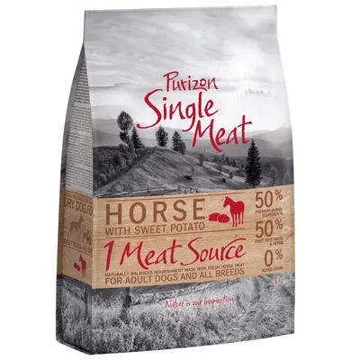 Purizon Single Meat Horse with Sweet Potato, 1 Meat Source, 50 % ingrédients animaux, 50 % fruits/légumes/herbes, 0 % céréales ajoutées, pour chiens adultes, sac de 1 kg visible.