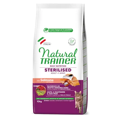 Sac Natural Trainer Sterilised Adult >1 Anno avec saumon, 10 kg. Favorise un tractus urinaire sain, aide à maintenir le poids. Sans colorants, conservateurs ni sucres ajoutés.