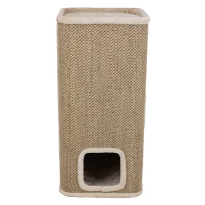 Kratzmöbel aus beigem Sisal mit rechteckiger Form und einer Öffnung unten, geeignet als Rückzugsort für Haustiere.