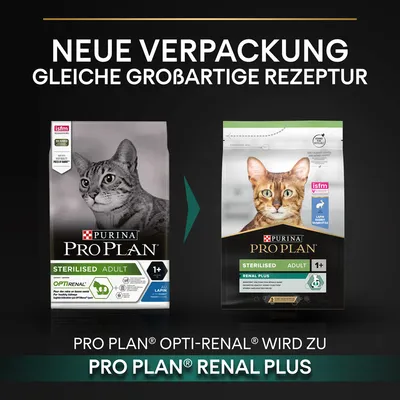 Neue Verpackung, gleiche grossartige Rezeptur. Pro Plan Opti-Renal wird zu Pro Plan Renal Plus. Sterilised Adult 1+ Katzenfutter mit ISFM-Zertifikat.