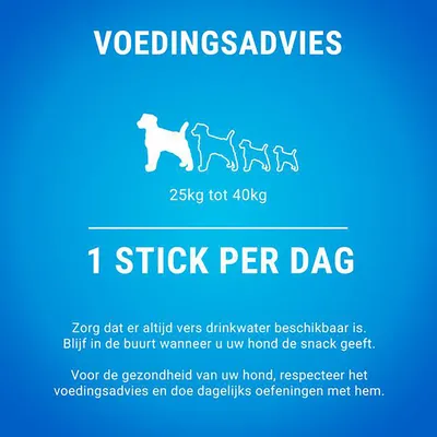 Voedingsadvies voor honden van 25 kg tot 40 kg: 1 stick per dag. Altijd vers drinkwater beschikbaar houden en in de buurt blijven bij het geven van de snack. Dagelijks beweging aanbevolen.