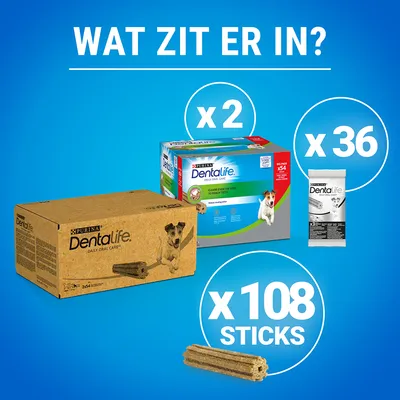 Purina Dentalife Daily Oral Care hondensticks: 2 dozen, 36 zakjes en totaal 108 sticks zichtbaar. Tekst: 'Wat zit er in?' op blauwe achtergrond.