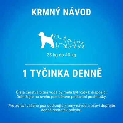 Krmný návod pro psy 25–40 kg: 1 tyčinka denně. Čistá voda vždy k dispozici, dohlížejte na psa při podávání, dodržujte krmný návod a zajistěte dostatek pohybu.