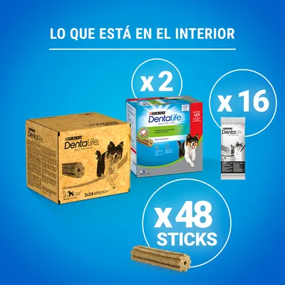 Contenido del pack Purina Dentalife: 2 cajas, 16 sobres individuales y 48 sticks dentales para perros. Texto visible: 'Lo que está en el interior', 'x2', 'x16', 'x48 sticks'.