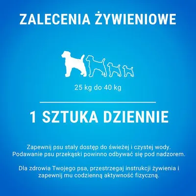 Zalecenia żywieniowe dla psa 25–40 kg: 1 sztuka dziennie. Zapewnij psu stały dostęp do świeżej wody i codzienną aktywność fizyczną. Podawaj przekąskę pod nadzorem.