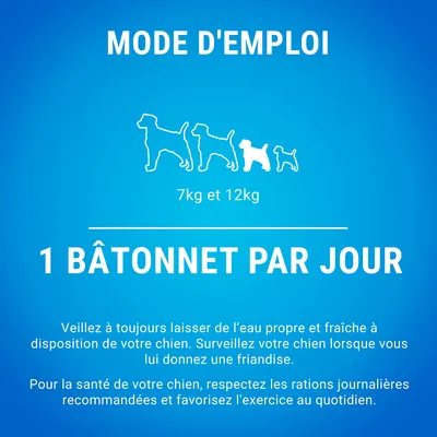 Mode d'emploi : pour chiens de 7 kg et 12 kg, 1 bâtonnet par jour. Conseils : eau fraîche à disposition, surveiller le chien lors de la friandise, respecter les rations et l'exercice.