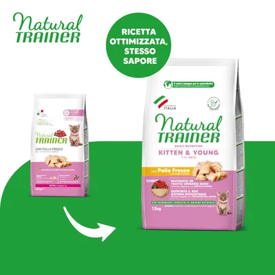 Natural Trainer Kitten & Young 1–12 mesi con Pollo Fresco, confezione da 1,5 kg. Testo: Ricetta ottimizzata, stesso sapore. Favorisce un tratto urinario sano, supporta il sistema immunitario.