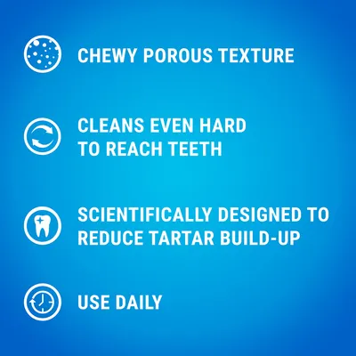 Chewy porous texture, cleans even hard to reach teeth, scientifically designed to reduce tartar build-up, use daily. Tekst på engelsk. Chewy porous texture, cleans even hard to reach teeth, scientifically designed to reduce tartar build-up, use daily. Tekst på engelsk.
