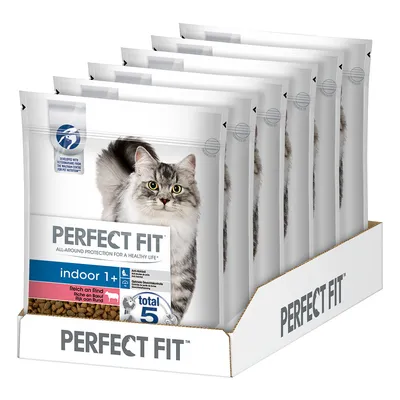 Zestaw opakowań karmy dla kotów Perfect Fit indoor 1+, total 5, bogata w wołowinę. Widoczny szary kot na froncie opakowania oraz logo Perfect Fit na kartonie.