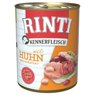 RINTI Kennerfleisch mit Huhn, getreidefrei. Dåse med billede af kød og indmad. RINTI Original seit 1983 synlig på etiketten.