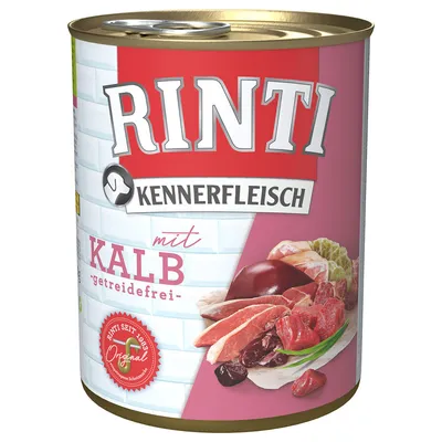 RINTI Kennerfleisch mit Kalb, getreidefrei. Dåse med billede af kalvekød og indmad på etiketten. Tekst: RINTI SEIT 1983 Original. Tysk tekst synlig.