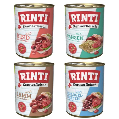 RINTI Kennerfleisch lattine: con manzo, con trippa, con agnello, con cuori di pollame. Senza cereali, pezzi di carne originali.