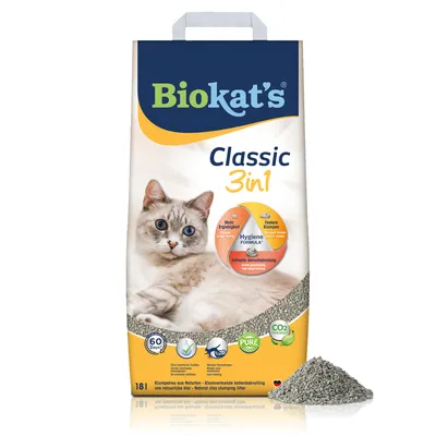 Biokat's Classic 3in1 kattenbakvulling, hygiëneformule met snelle geurbinding, hogere opbrengst en stevige klonten. CO2-gereduceerd, natuurlijke klei, 18L verpakking.