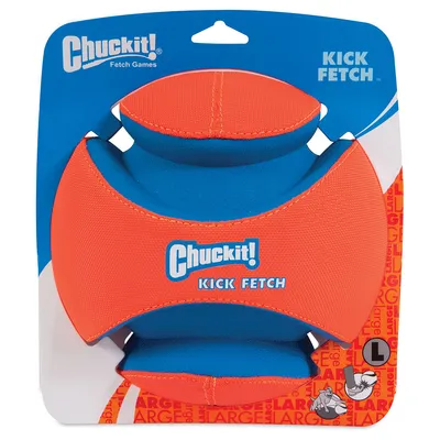 Chuckit! Kick Fetch Ball koko L, oranssi-sininen design. Pakkauksessa näkyy noutoleikkeihin tarkoitettu koiran lelu.