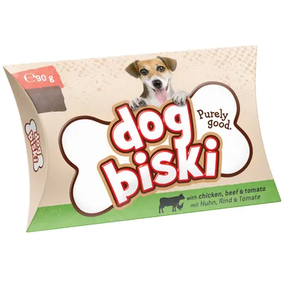 Dog Biski dog snack, 90g, with chicken, beef and tomato.