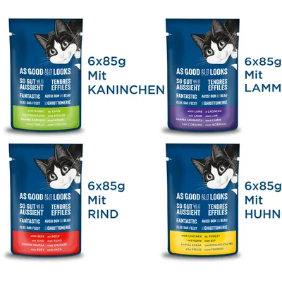 As Good As It Looks macskaeledel 4 ízben: nyúl, bárány, marha, csirke. Mindegyik csomag 6×85 g. Csomagoláson német és angol feliratok láthatók.