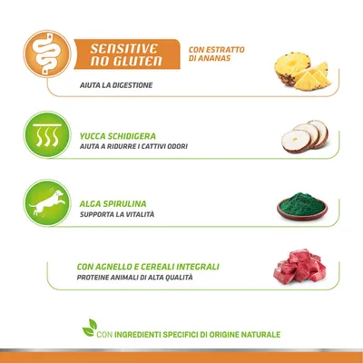 SENSITIVE NO GLUTEN, CON ESTRATTO DI ANANAS, AIUTA LA DIGESTIONE. YUCCA SCHIDIGERA, AIUTA A RIDURRE I CATTIVI ODORI. ALGA SPIRULINA, SUPPORTA LA VITALITÀ. CON AGNELLO E CEREALI INTEGRALI.
