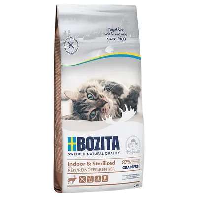 Bozita Indoor & Sterilised корм для кошек с олениной, 87% животного белка, без зерна, 2 кг. Swedish Natural Quality, подходит для стерилизованных кошек. Together with nature since 1903.