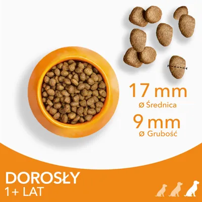 Karma sucha dla dorosłych psów 1+ lat; średnica granulki 17 mm, grubość 9 mm. Widoczne granulki w misce i zbliżenie pojedynczych sztuk.