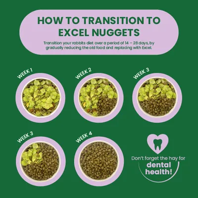 Feeding instructions: Gradually switch from old food to Excel Nuggets over 4 weeks. Note: Don’t forget hay for dental health. Feeding instructions: Gradually switch from old food to Excel Nuggets over 4 weeks. Note: Don’t forget hay for dental health.