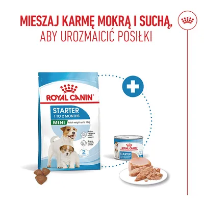 Royal Canin Starter Mini 1 do 2 miesięcy, sucha i mokra karma obok siebie, uwaga: mieszanie suchej i mokrej karmy dla urozmaicenia posiłków.