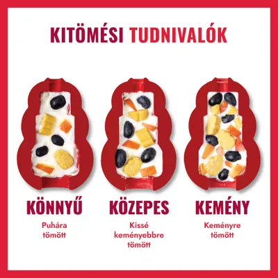 Három töltöttségi szint snackjátékhoz: enyhén töltött, közepesen töltött, szorosan töltött. Mindegyikben jól látható gyümölcsök és jutalomfalatok.