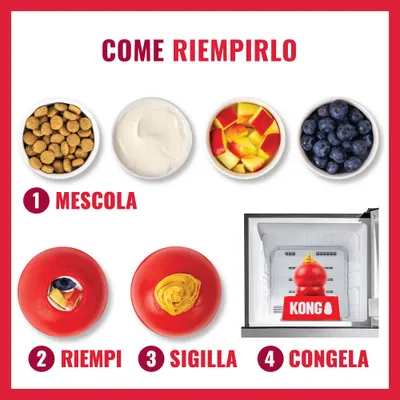 Istruzioni per riempire un giocattolo KONG rosso: mescolare i componenti, riempire il giocattolo, sigillare l'apertura, mettere nel congelatore. Presentazione passo dopo passo con immagini. Istruzioni per riempire un giocattolo KONG rosso: mescolare i componenti, riempire il giocattolo, sigillare l'apertura, mettere nel congelatore. Presentazione passo dopo passo con immagini.