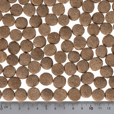 Round brown food pellets with a centimetre scale from 0 to 10 for size determination.