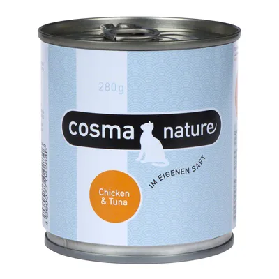 Limena konzerva Cosma Nature, 280 g, s natpisima 'Chicken & Tuna' i 'IM EIGENEN SAFT'. Bijela etiketa s crnim i narančastim detaljima.