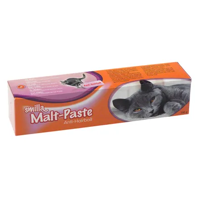 smilla Malt-Paste Anti-Hairball, 200 g pakkaus, oranssi laatikko, jossa harmaa kissa ja tuotteen nimi näkyvissä