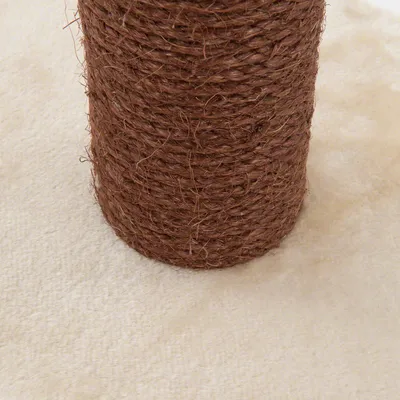 Detail van een krabpaal met bruin sisaltouw omwikkeld, staand op een beige pluche ondergrond. Materiaal: sisal en pluche zichtbaar.