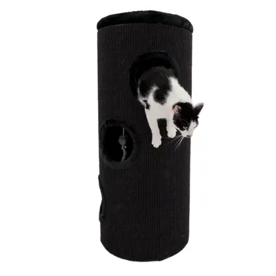 Arbre à chat cylindrique noir en tissu, deux ouvertures rondes visibles, un chat noir et blanc sort par l’une d’elles, jouet suspendu visible dans l’ouverture inférieure. Arbre à chat cylindrique noir en tissu, deux ouvertures rondes visibles, un chat noir et blanc sort par l’une d’elles, jouet suspendu visible dans l’ouverture inférieure.